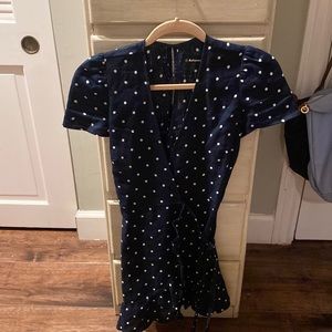 Navy and white polka dot reformation wrap dress